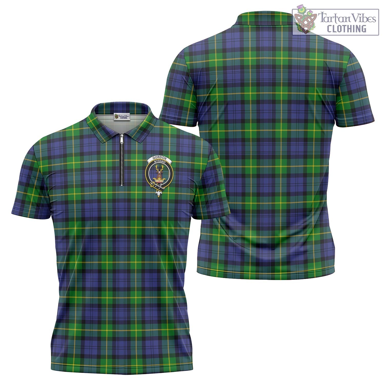 Tartan Vibes Clothing Gordon Modern Tartan Zipper Polo Shirt with Family Crest