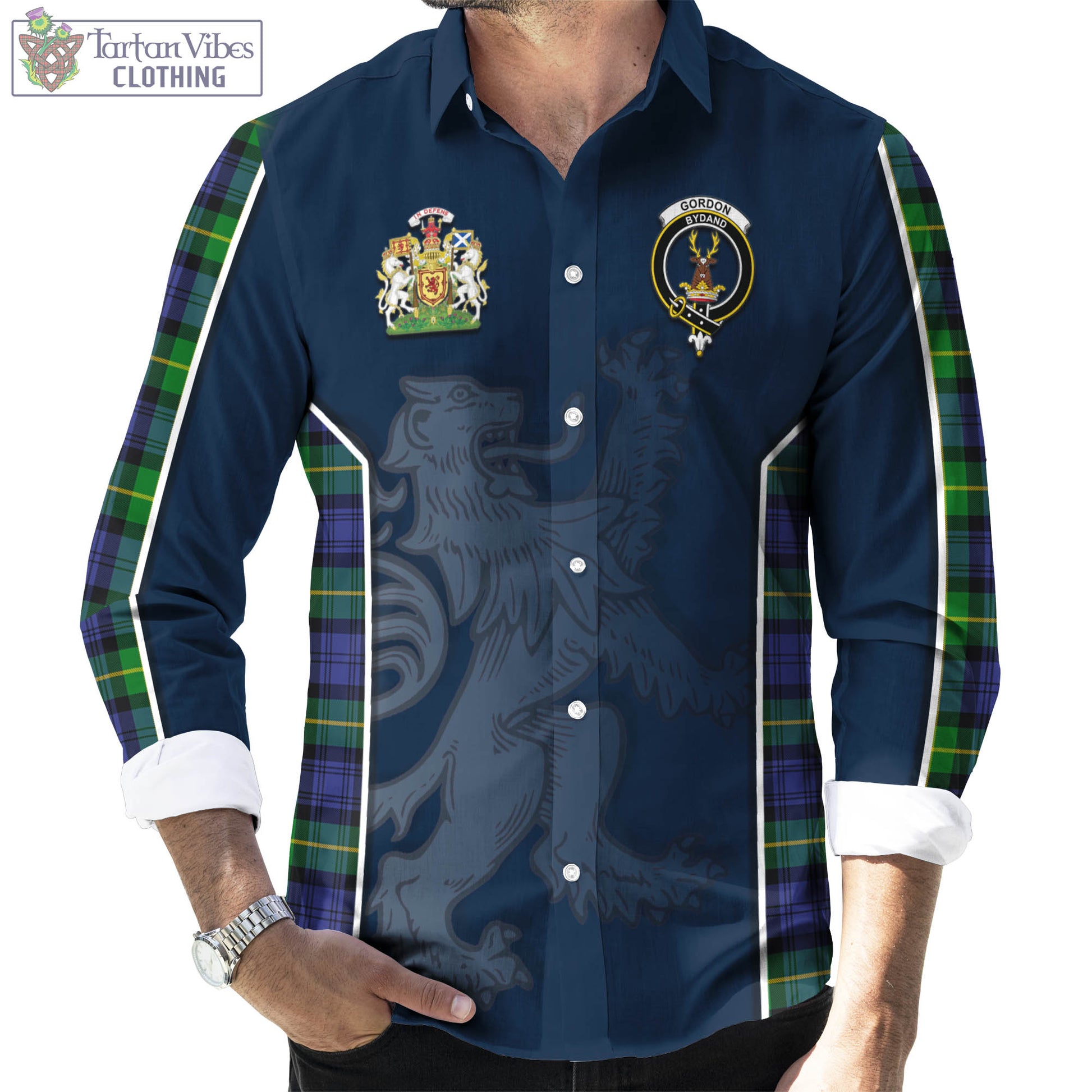 Tartan Vibes Clothing Gordon Modern Tartan Long Sleeve Button Up Shirt with Family Crest and Lion Rampant Vibes Sport Style