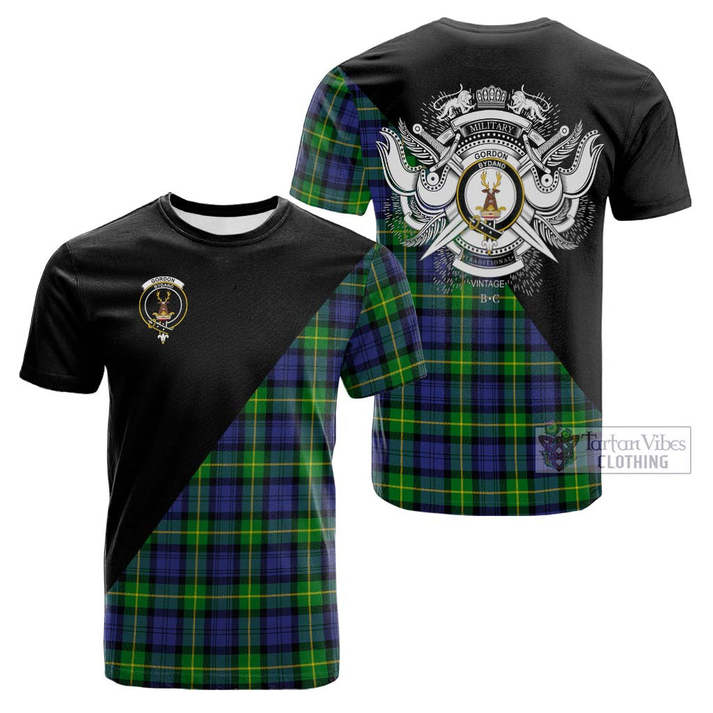 Tartan Vibes Clothing Gordon Modern Tartan Cotton T-shirt with Family Crest and Military Logo Style