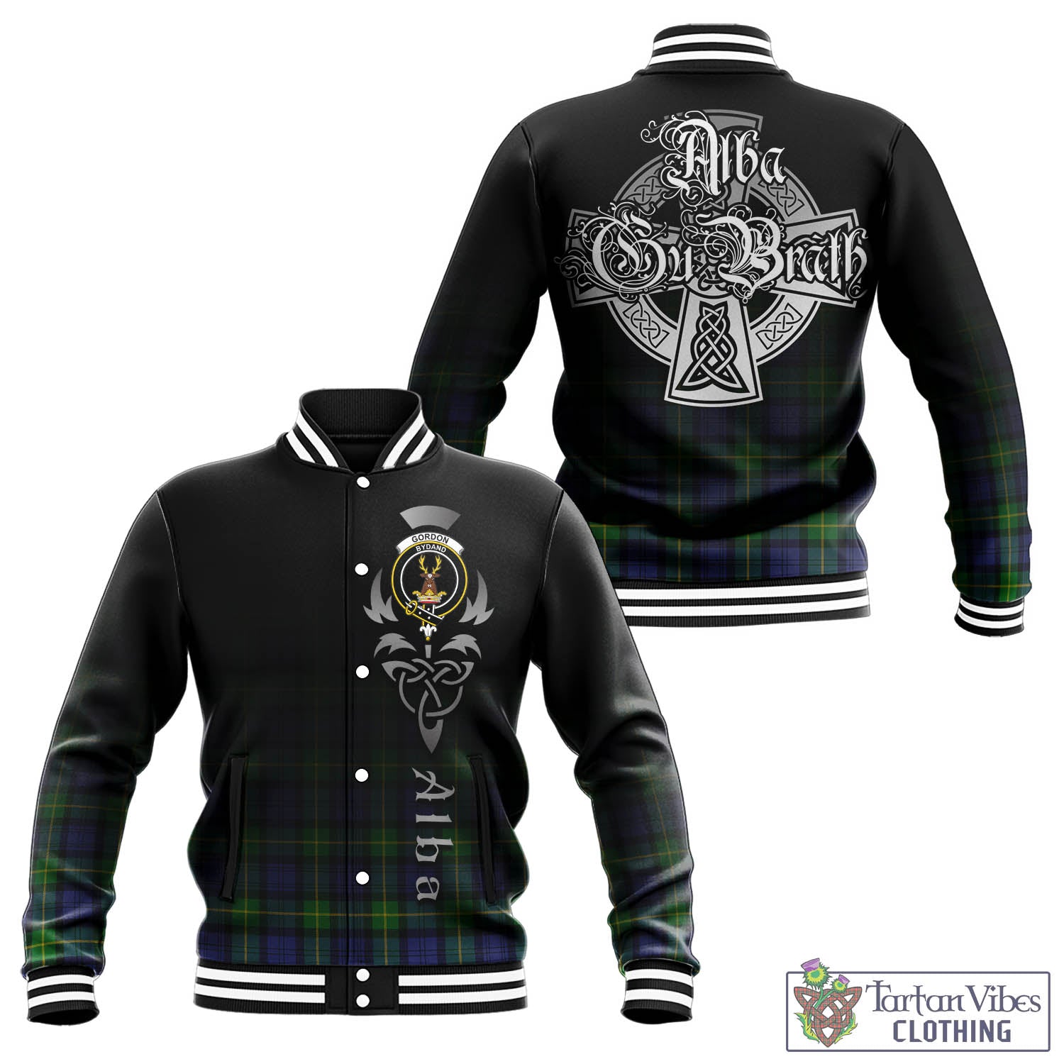 Tartan Vibes Clothing Gordon Modern Tartan Baseball Jacket Featuring Alba Gu Brath Family Crest Celtic Inspired