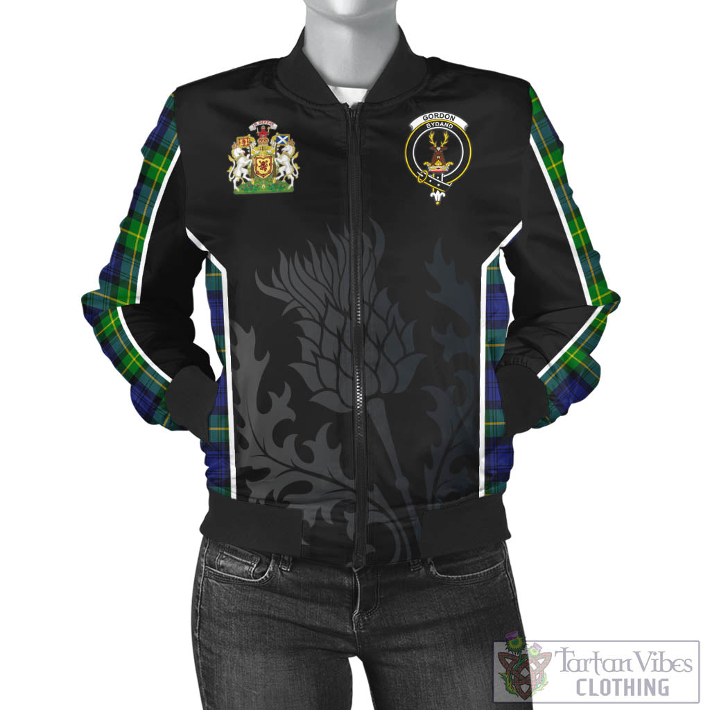 Tartan Vibes Clothing Gordon Modern Tartan Bomber Jacket with Family Crest and Scottish Thistle Vibes Sport Style