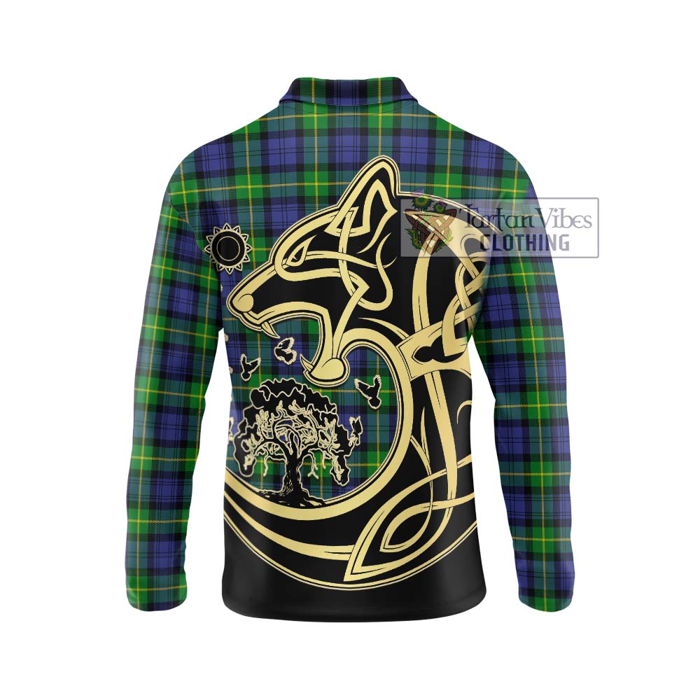 Gordon Modern Tartan Long Sleeve Polo Shirt with Family Crest Celtic Wolf Style - Tartanvibesclothing Shop