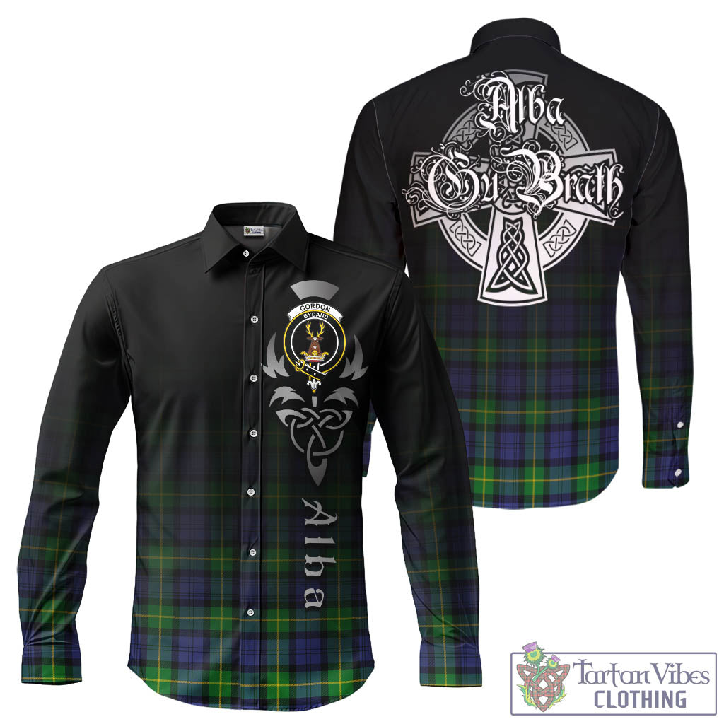 Tartan Vibes Clothing Gordon Modern Tartan Long Sleeve Button Up Featuring Alba Gu Brath Family Crest Celtic Inspired