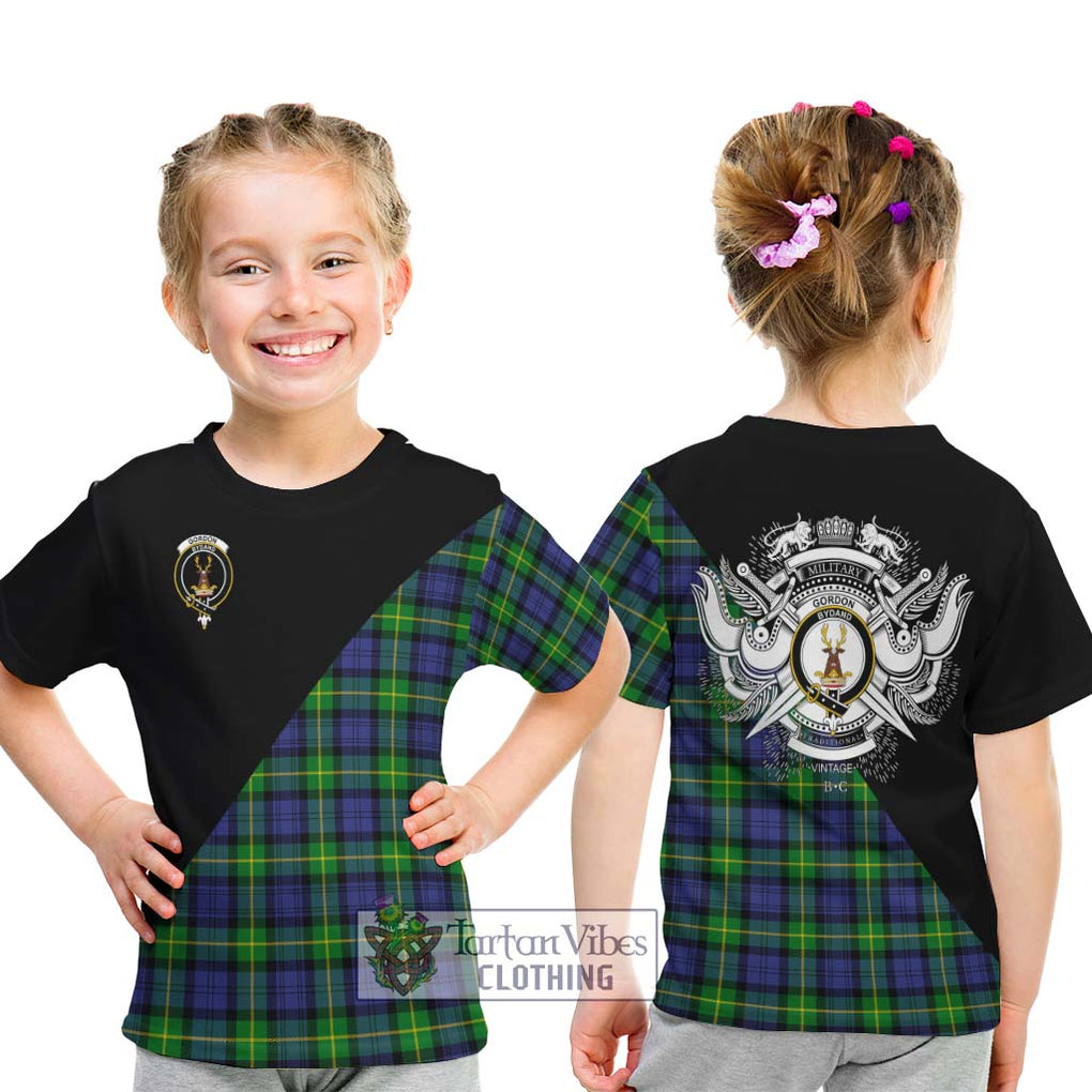 Gordon Modern Tartan Kid T-Shirt with Family Crest and Military Logo Style - Tartanvibesclothing Shop