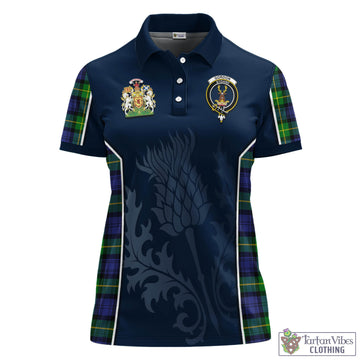 Gordon Modern Tartan Women's Polo Shirt with Family Crest and Scottish Thistle Vibes Sport Style
