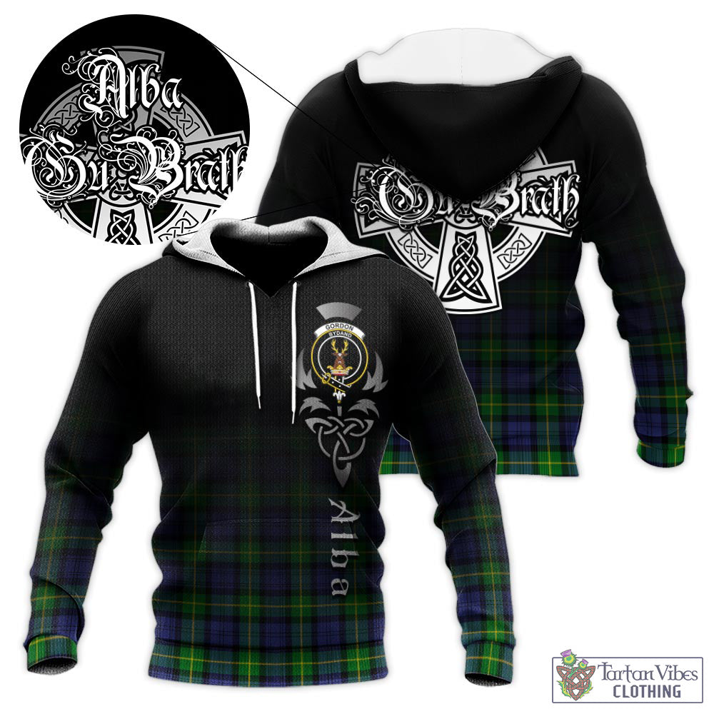 Tartan Vibes Clothing Gordon Modern Tartan Knitted Hoodie Featuring Alba Gu Brath Family Crest Celtic Inspired