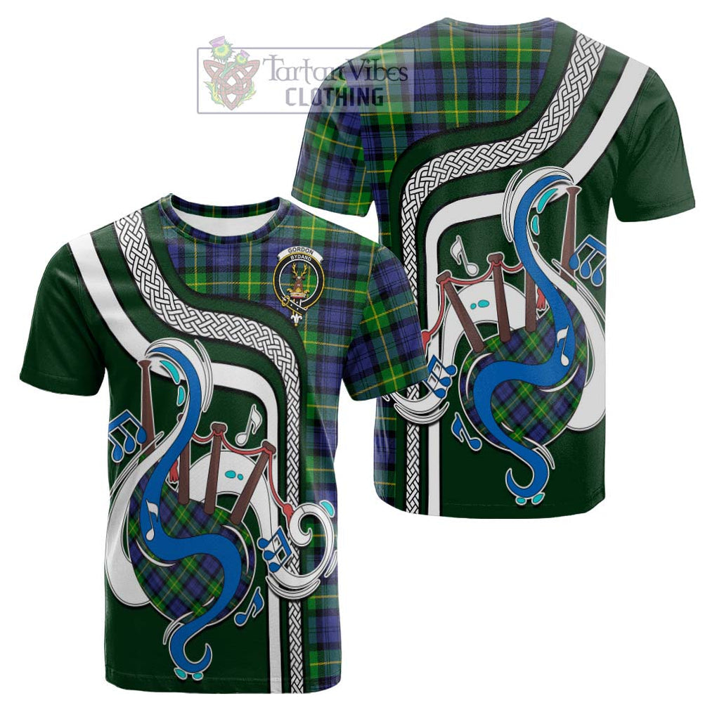 Tartan Vibes Clothing Gordon Modern Tartan Cotton T-shirt with Epic Bagpipe Style