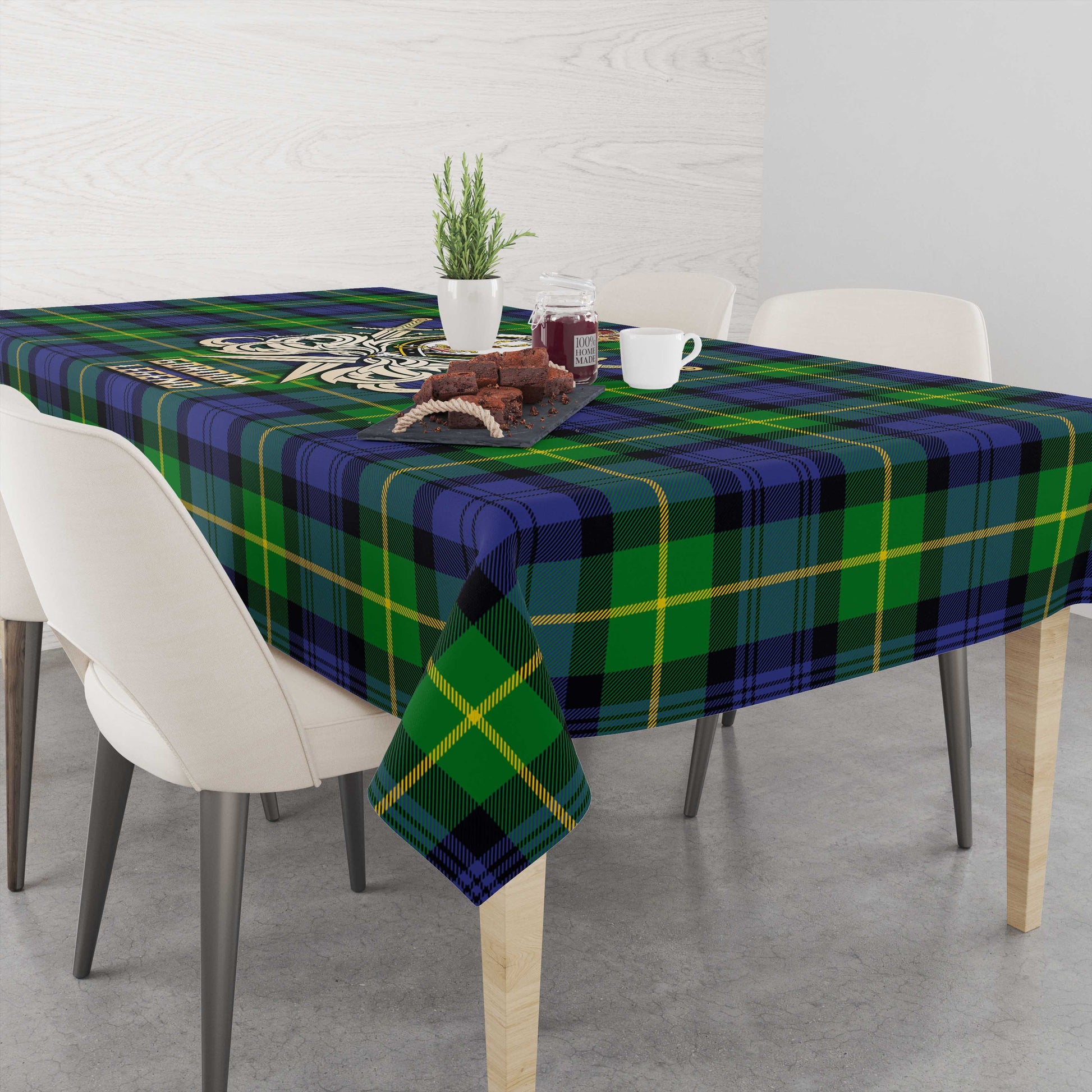 Tartan Vibes Clothing Gordon Modern Tartan Tablecloth with Clan Crest and the Golden Sword of Courageous Legacy