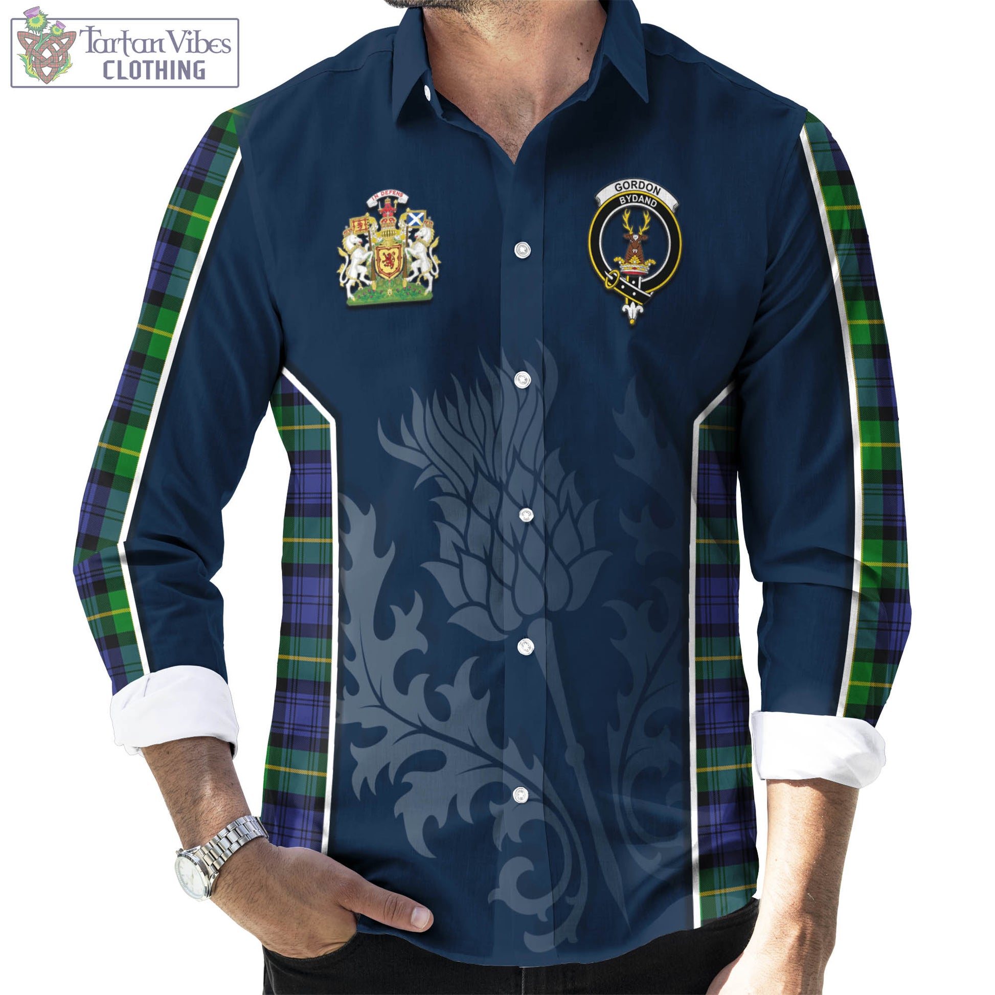 Tartan Vibes Clothing Gordon Modern Tartan Long Sleeve Button Up Shirt with Family Crest and Scottish Thistle Vibes Sport Style