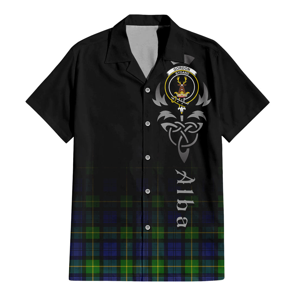 Tartan Vibes Clothing Gordon Modern Tartan Short Sleeve Button Up Featuring Alba Gu Brath Family Crest Celtic Inspired