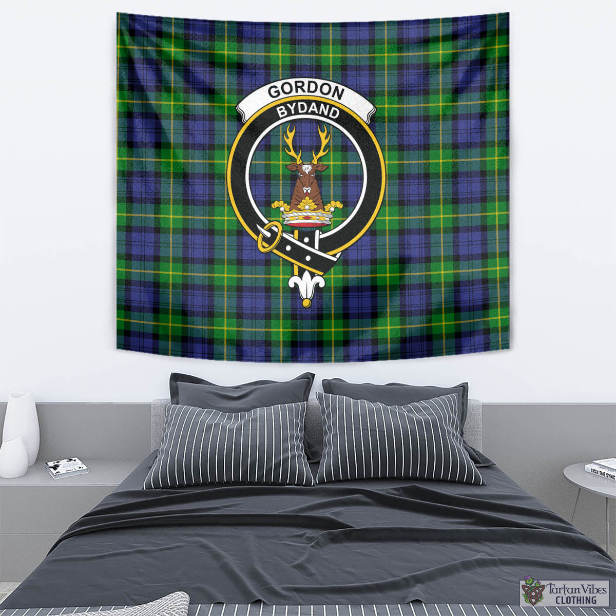 Tartan Vibes Clothing Gordon Modern Tartan Tapestry Wall Hanging and Home Decor for Room with Family Crest