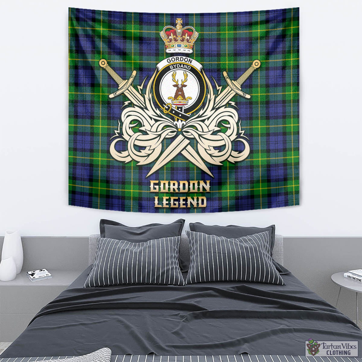 Tartan Vibes Clothing Gordon Modern Tartan Tapestry with Clan Crest and the Golden Sword of Courageous Legacy