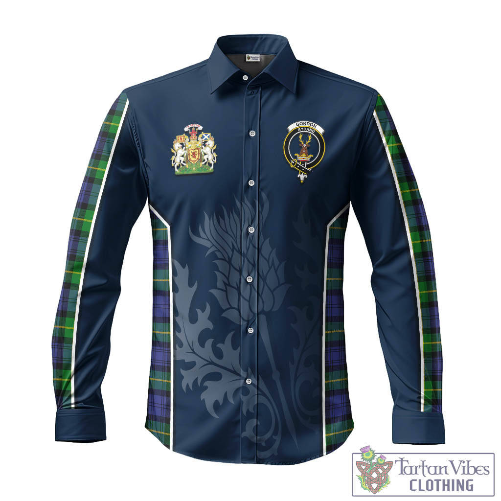 Tartan Vibes Clothing Gordon Modern Tartan Long Sleeve Button Up Shirt with Family Crest and Scottish Thistle Vibes Sport Style