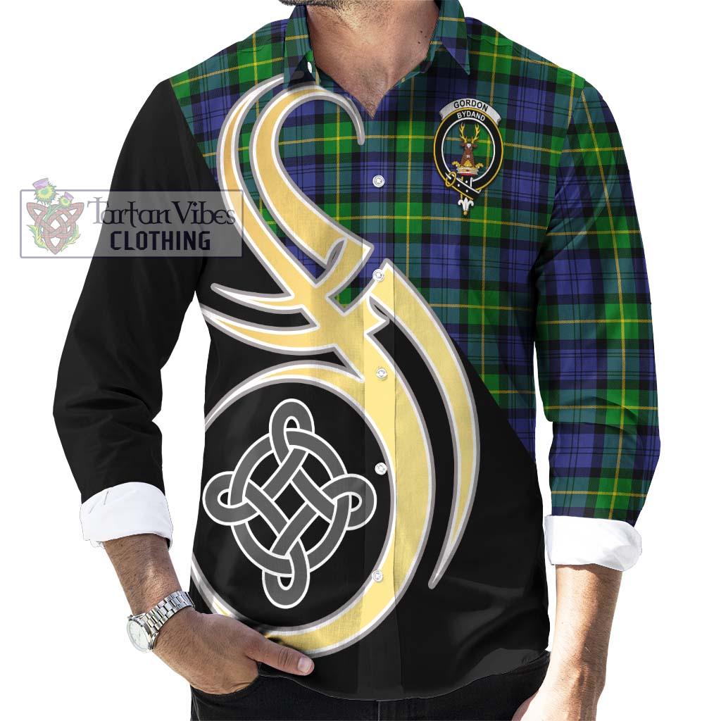 Gordon Modern Tartan Long Sleeve Button Shirt with Family Crest and Celtic Symbol Style - Tartan Vibes Clothing