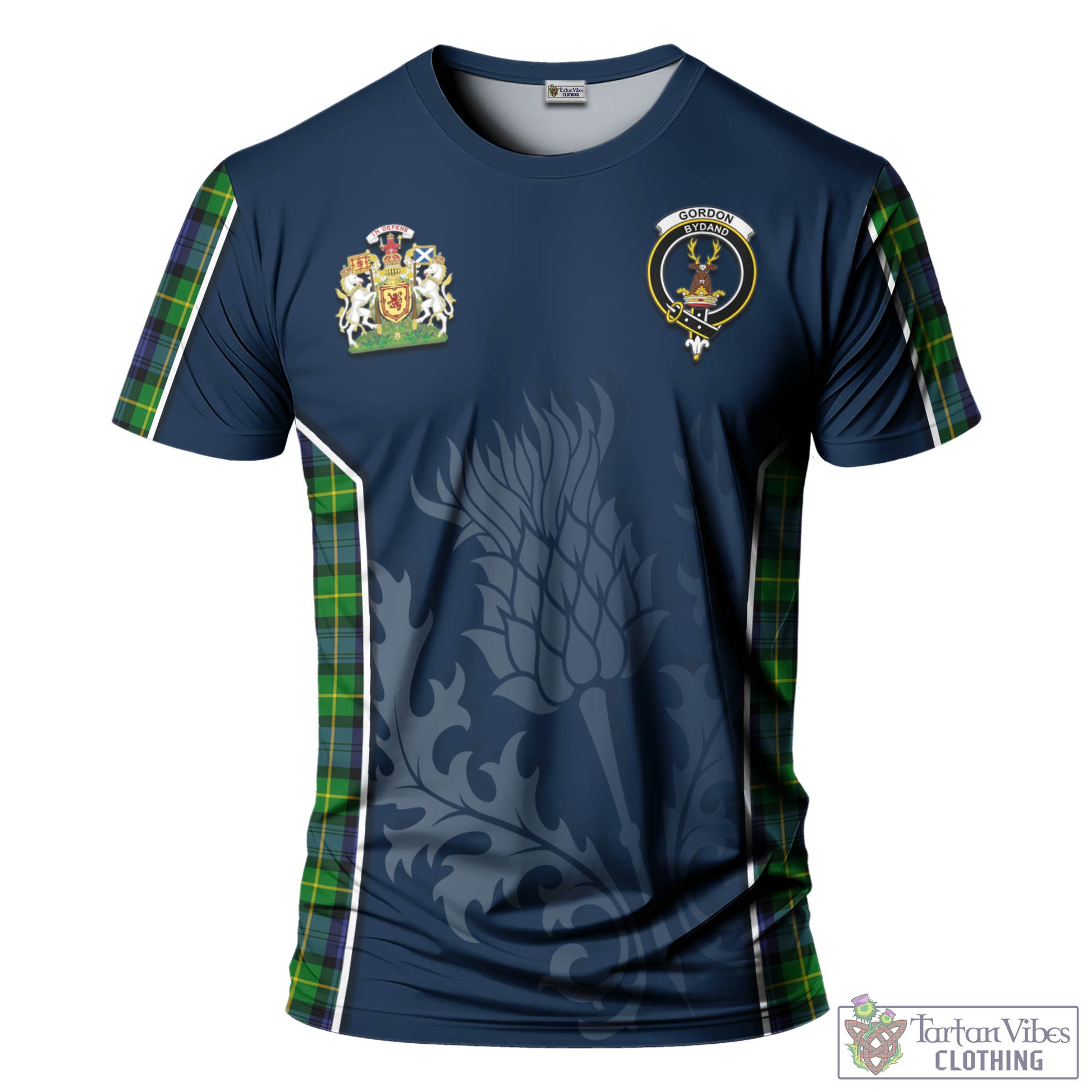 Tartan Vibes Clothing Gordon Modern Tartan T-Shirt with Family Crest and Scottish Thistle Vibes Sport Style