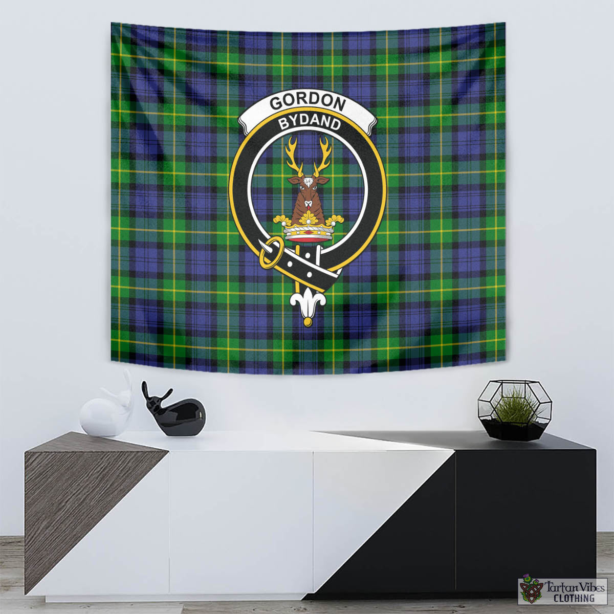 Tartan Vibes Clothing Gordon Modern Tartan Tapestry Wall Hanging and Home Decor for Room with Family Crest