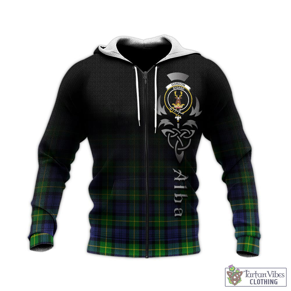 Tartan Vibes Clothing Gordon Modern Tartan Knitted Hoodie Featuring Alba Gu Brath Family Crest Celtic Inspired