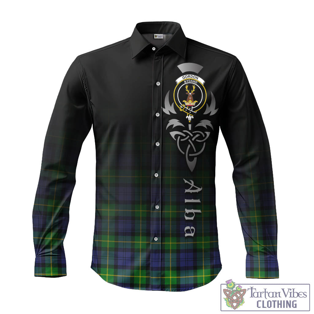 Tartan Vibes Clothing Gordon Modern Tartan Long Sleeve Button Up Featuring Alba Gu Brath Family Crest Celtic Inspired