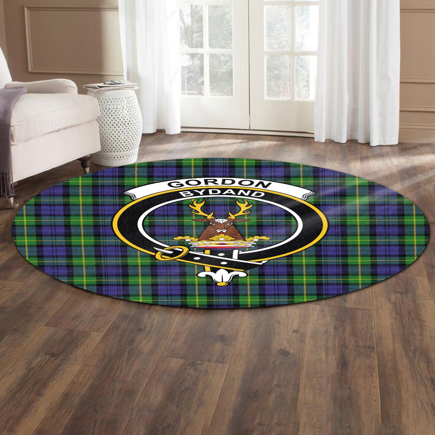 gordon-modern-tartan-round-rug-with-family-crest