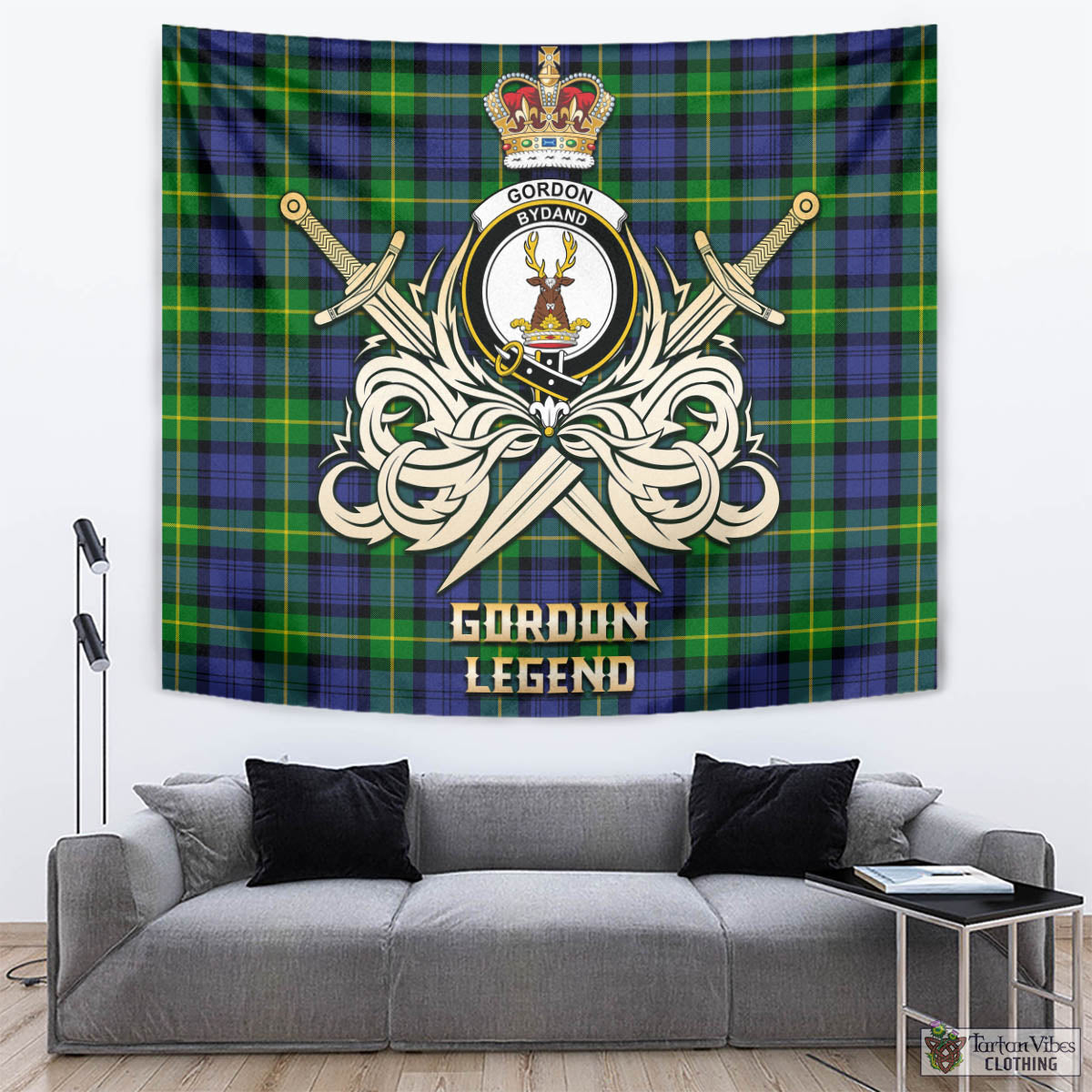 Tartan Vibes Clothing Gordon Modern Tartan Tapestry with Clan Crest and the Golden Sword of Courageous Legacy