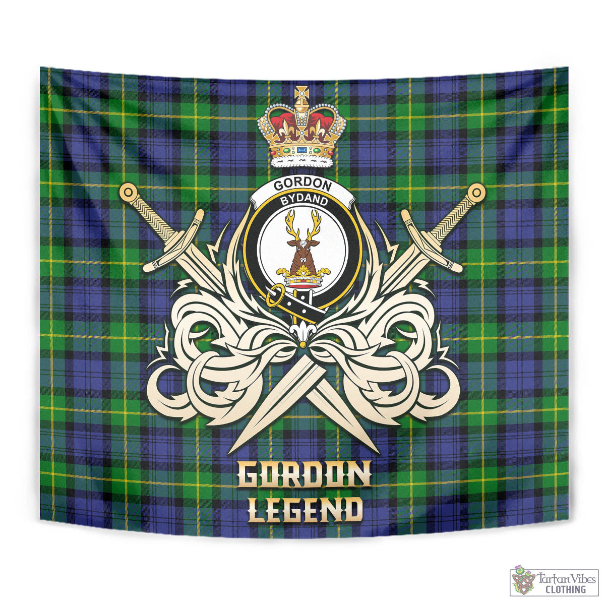 Tartan Vibes Clothing Gordon Modern Tartan Tapestry with Clan Crest and the Golden Sword of Courageous Legacy