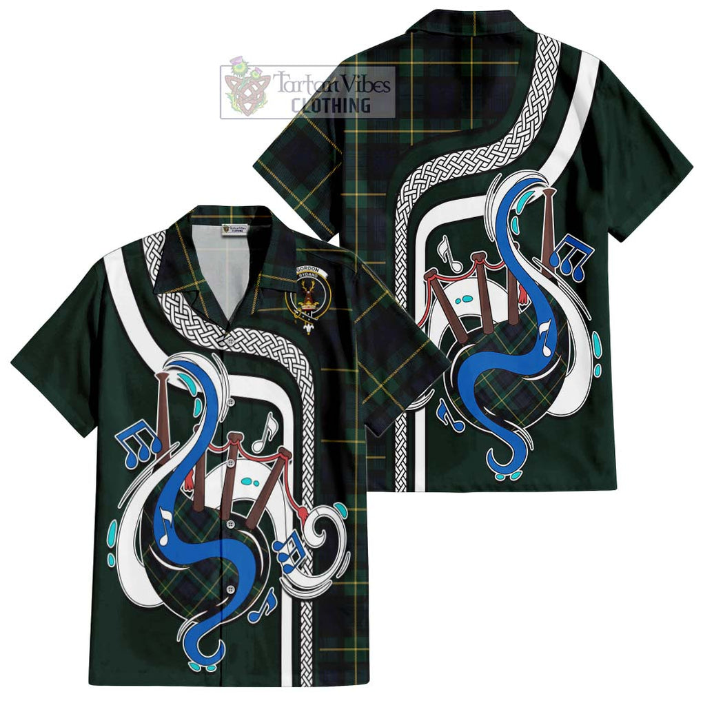 Gordon Old Tartan Short Sleeve Button Shirt with Epic Bagpipe Style Kid - Tartanvibesclothing Shop