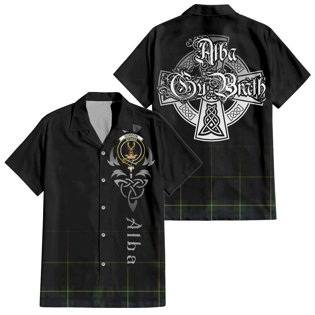 Tartan Vibes Clothing Gordon Old Tartan Short Sleeve Button Up Featuring Alba Gu Brath Family Crest Celtic Inspired