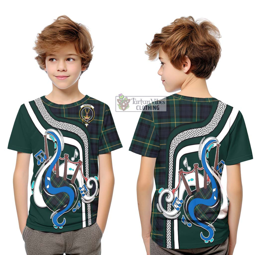 Tartan Vibes Clothing Gordon Old Tartan Kid T-Shirt with Epic Bagpipe Style