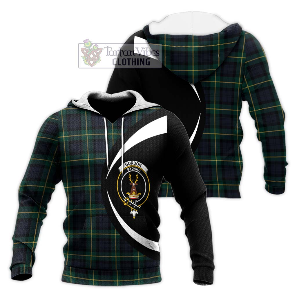 Gordon Old Tartan Knitted Hoodie with Family Crest Circle Style Unisex Knitted Pullover Hoodie - Tartan Vibes Clothing