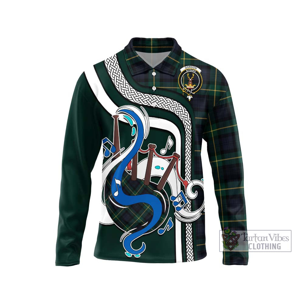 Tartan Vibes Clothing Gordon Old Tartan Long Sleeve Polo Shirt with Epic Bagpipe Style