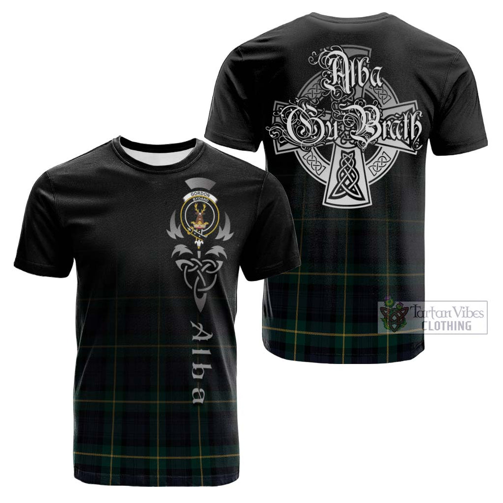 Tartan Vibes Clothing Gordon Old Tartan Cotton T-shirt Featuring Alba Gu Brath Family Crest Celtic Inspired