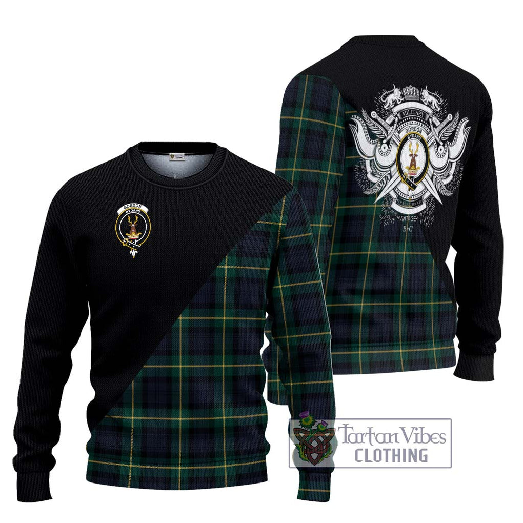 Gordon Old Tartan Knitted Sweater with Family Crest and Military Logo Style Unisex - Tartanvibesclothing Shop