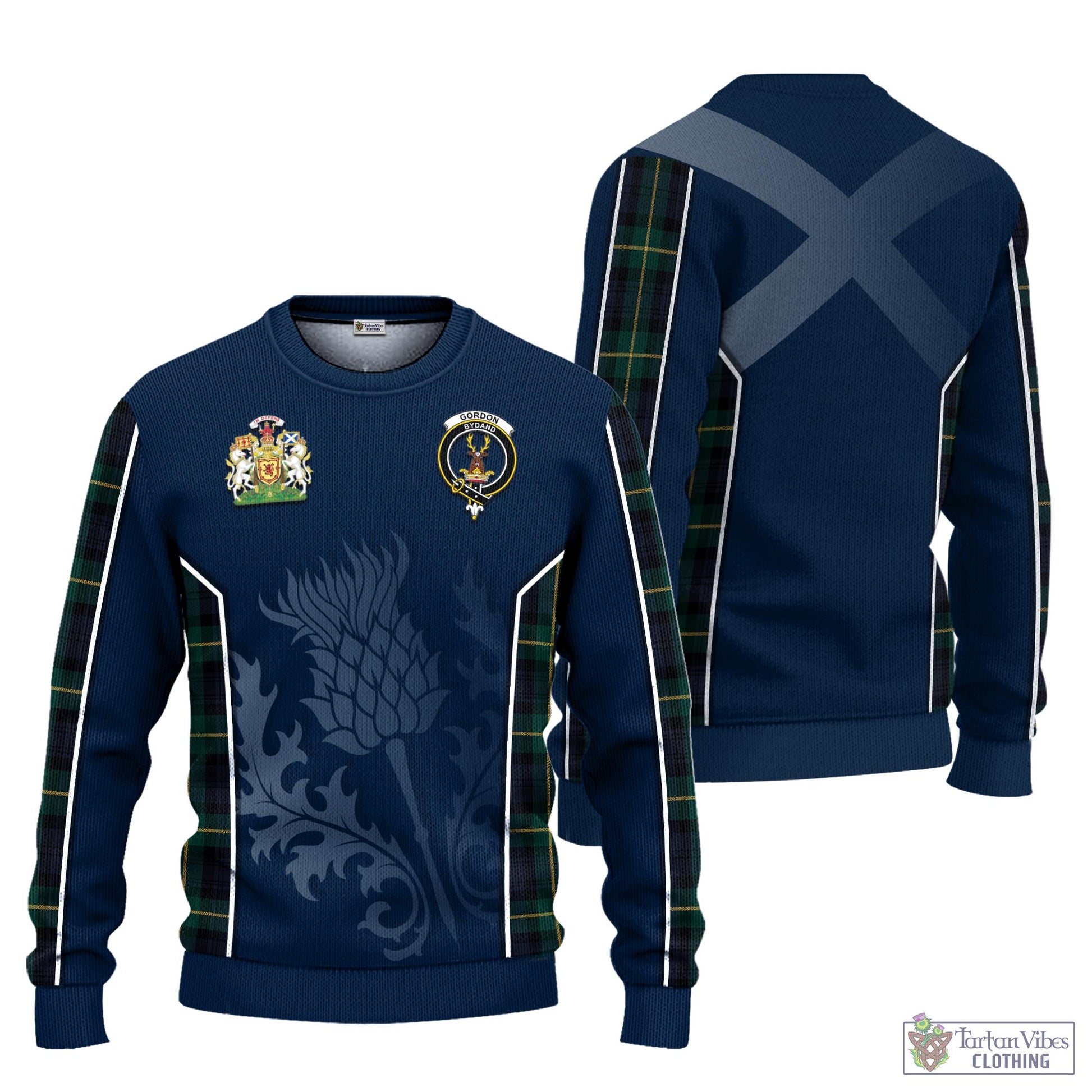 Tartan Vibes Clothing Gordon Old Tartan Knitted Sweatshirt with Family Crest and Scottish Thistle Vibes Sport Style