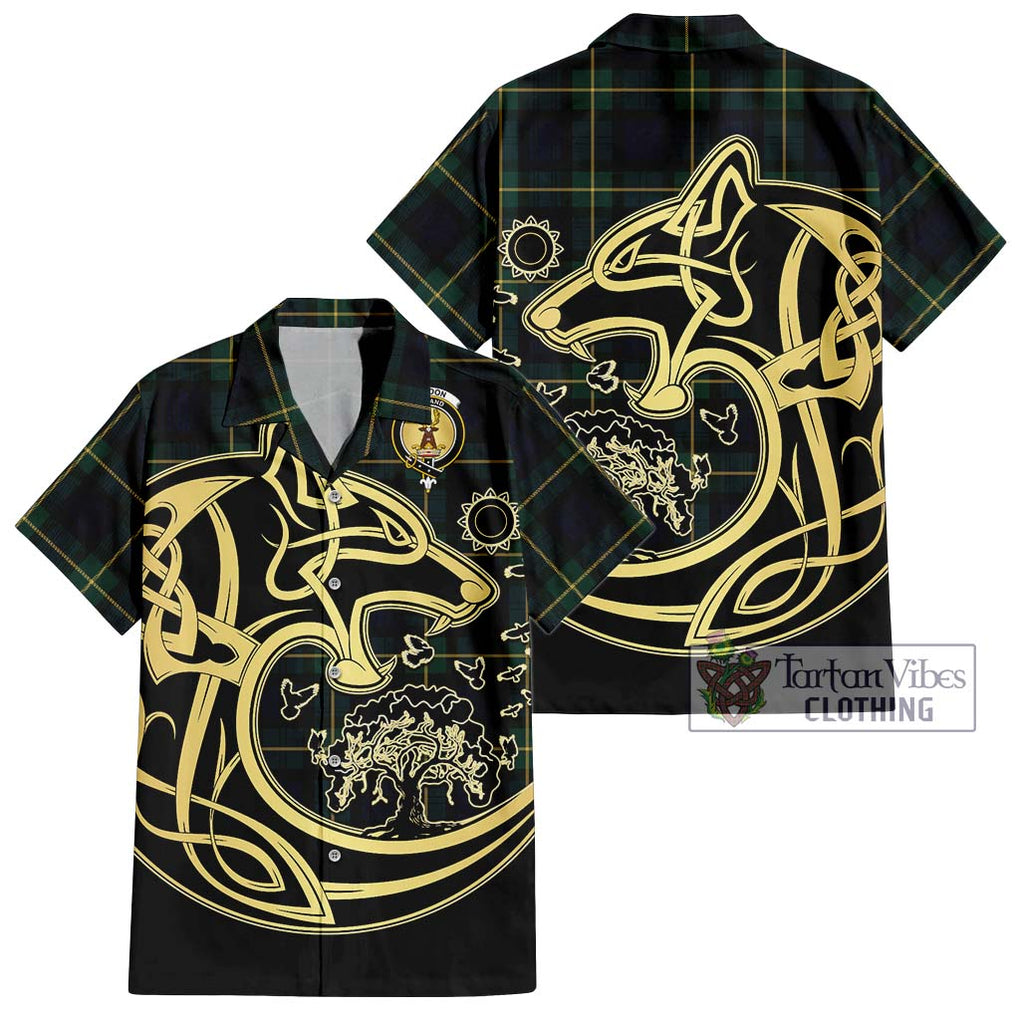 Gordon Old Tartan Short Sleeve Button Shirt with Family Crest Celtic Wolf Style Kid - Tartan Vibes Clothing