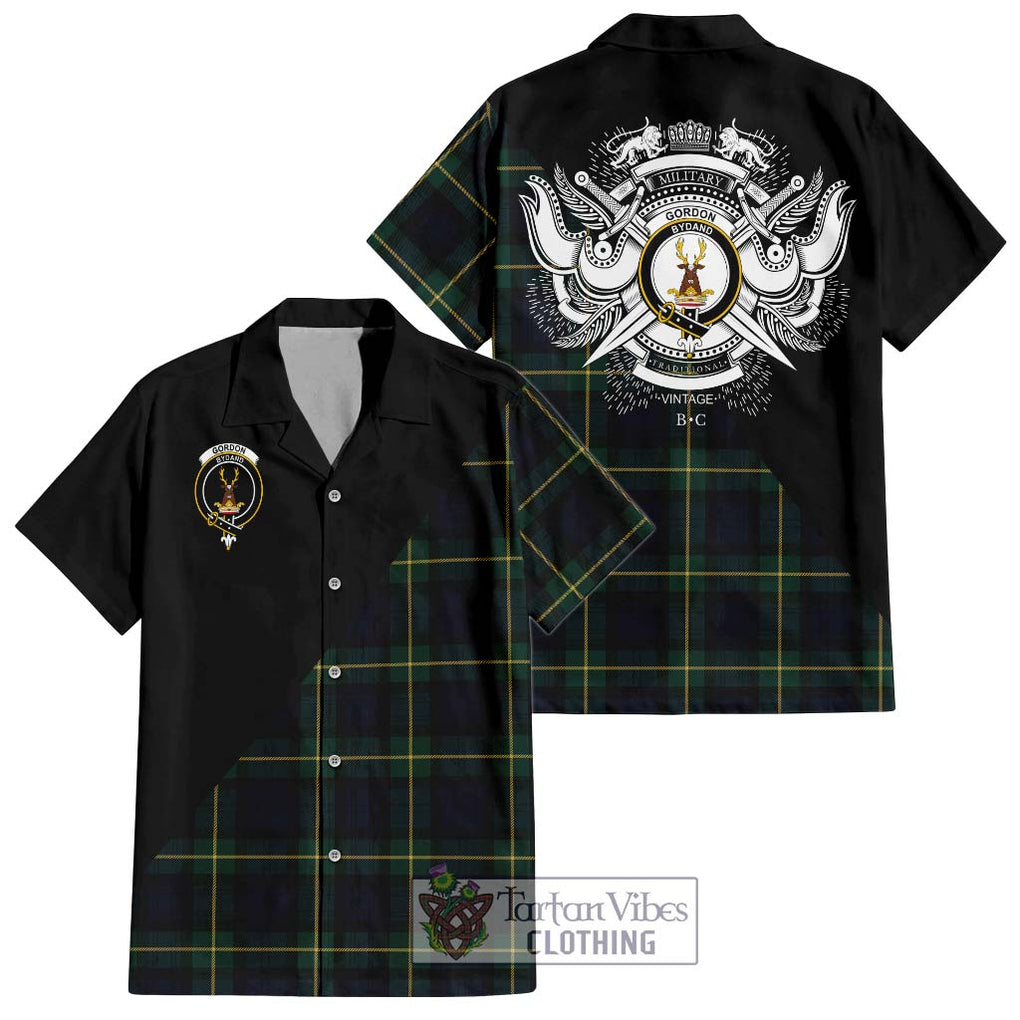 Gordon Old Tartan Short Sleeve Button Shirt with Family Crest and Military Logo Style Kid - Tartanvibesclothing Shop