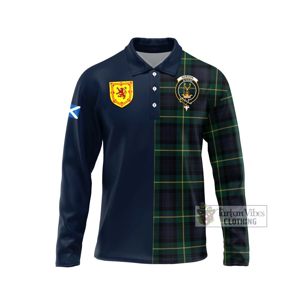 Tartan Vibes Clothing Gordon Old Tartan Long Sleeve Polo Shirt with Scottish Lion Royal Arm Half Style