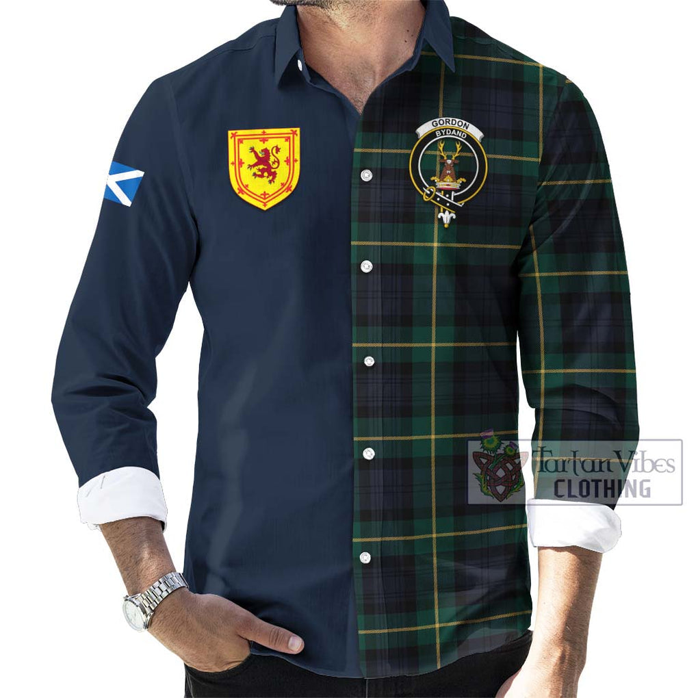 Tartan Vibes Clothing Gordon Old Tartan Long Sleeve Button Shirt with Scottish Lion Royal Arm Half Style