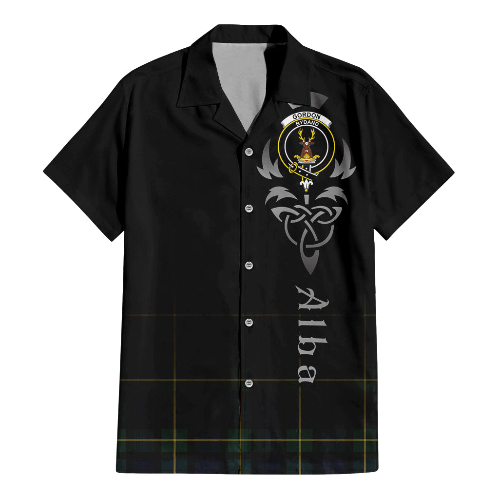 Tartan Vibes Clothing Gordon Old Tartan Short Sleeve Button Up Featuring Alba Gu Brath Family Crest Celtic Inspired