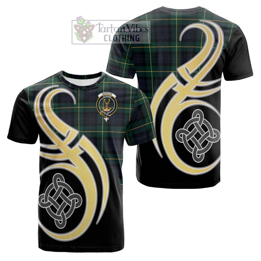 Tartan Vibes Clothing Gordon Old Tartan Cotton T-shirt with Family Crest and Celtic Symbol Style