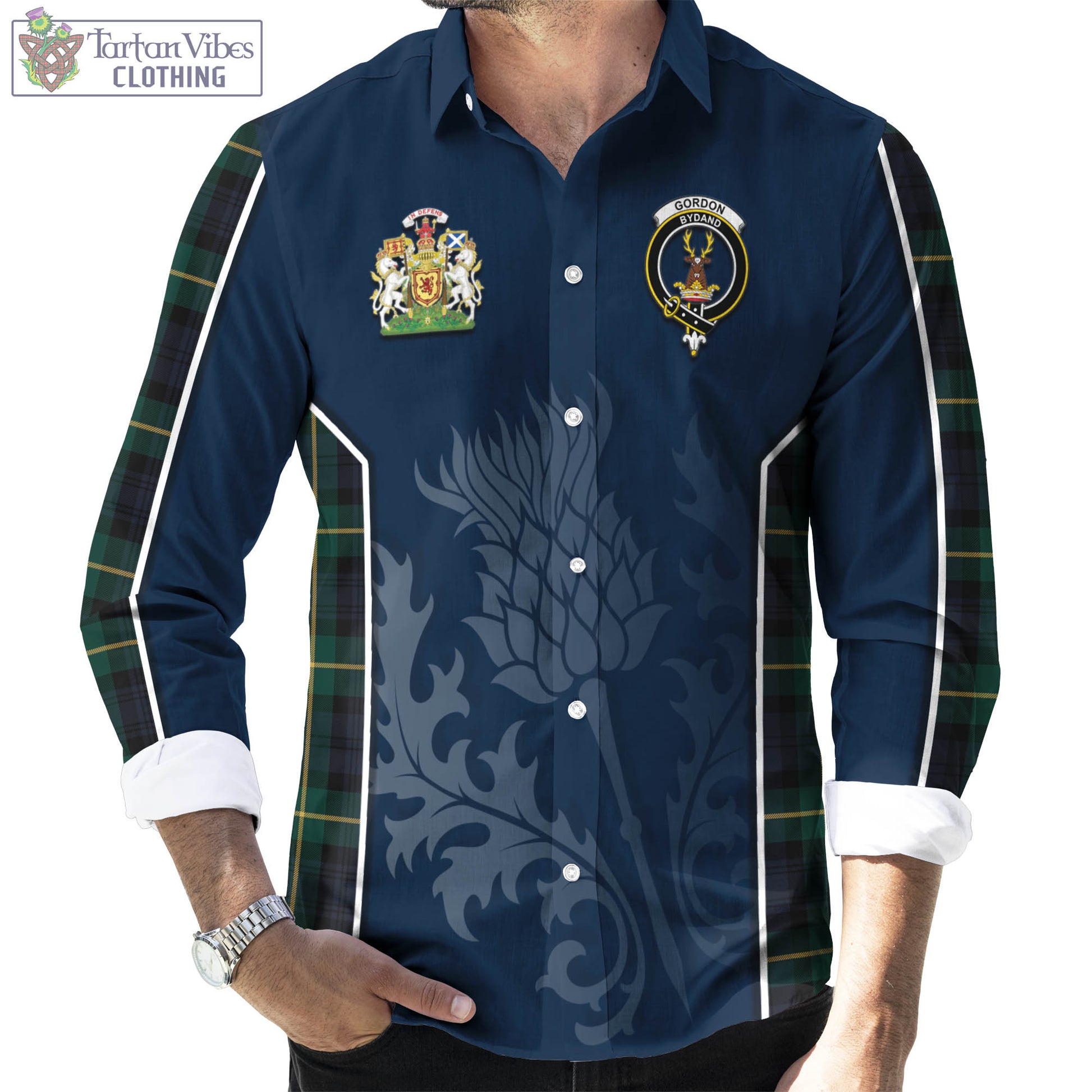 Tartan Vibes Clothing Gordon Old Tartan Long Sleeve Button Up Shirt with Family Crest and Scottish Thistle Vibes Sport Style