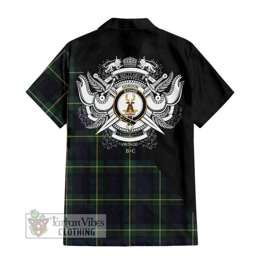 Gordon Old Tartan Short Sleeve Button Shirt with Family Crest and Military Logo Style - Tartanvibesclothing Shop