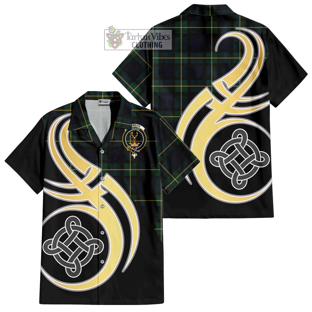 Gordon Old Tartan Short Sleeve Button Shirt with Family Crest and Celtic Symbol Style - Tartan Vibes Clothing