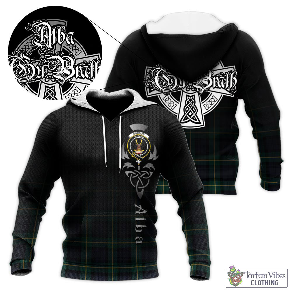 Tartan Vibes Clothing Gordon Old Tartan Knitted Hoodie Featuring Alba Gu Brath Family Crest Celtic Inspired