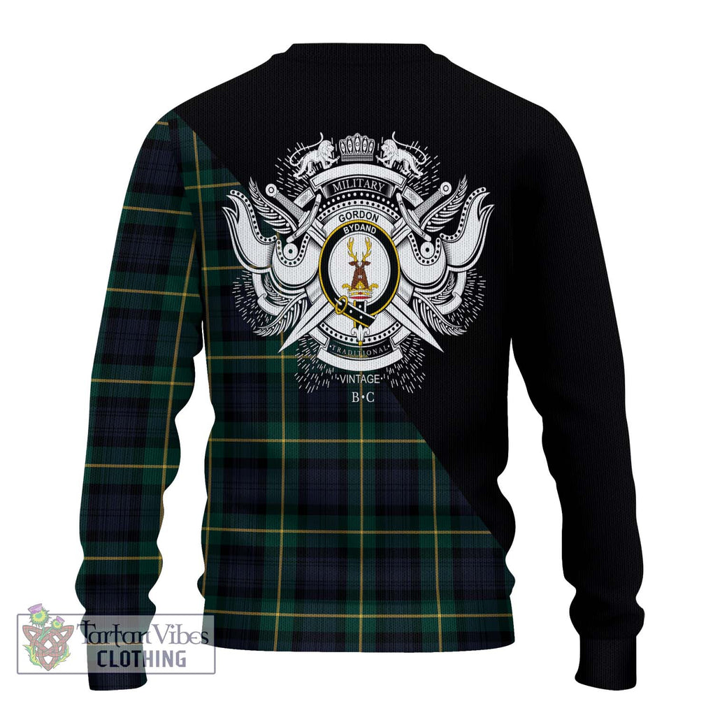 Gordon Old Tartan Knitted Sweater with Family Crest and Military Logo Style - Tartanvibesclothing Shop