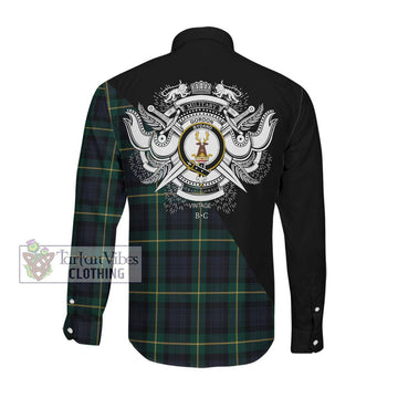 Gordon Old Tartan Long Sleeve Button Shirt with Family Crest and Military Logo Style