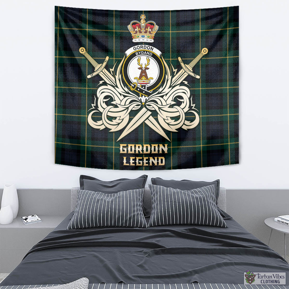 Tartan Vibes Clothing Gordon Old Tartan Tapestry with Clan Crest and the Golden Sword of Courageous Legacy