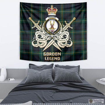 Gordon Old Tartan Tapestry with Clan Crest and the Golden Sword of Courageous Legacy