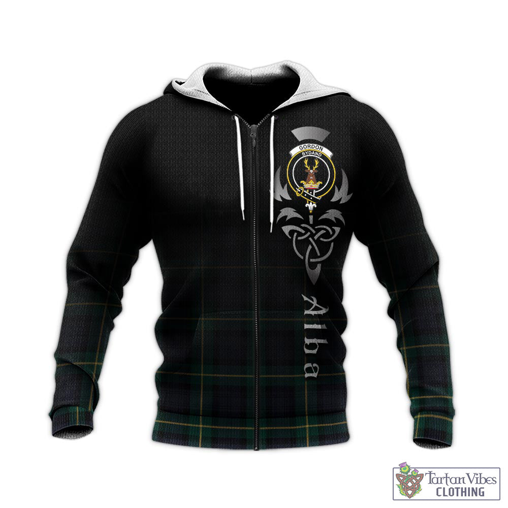 Tartan Vibes Clothing Gordon Old Tartan Knitted Hoodie Featuring Alba Gu Brath Family Crest Celtic Inspired