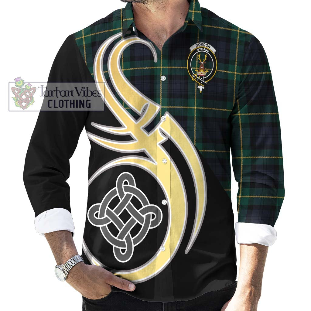 Gordon Old Tartan Long Sleeve Button Shirt with Family Crest and Celtic Symbol Style - Tartan Vibes Clothing