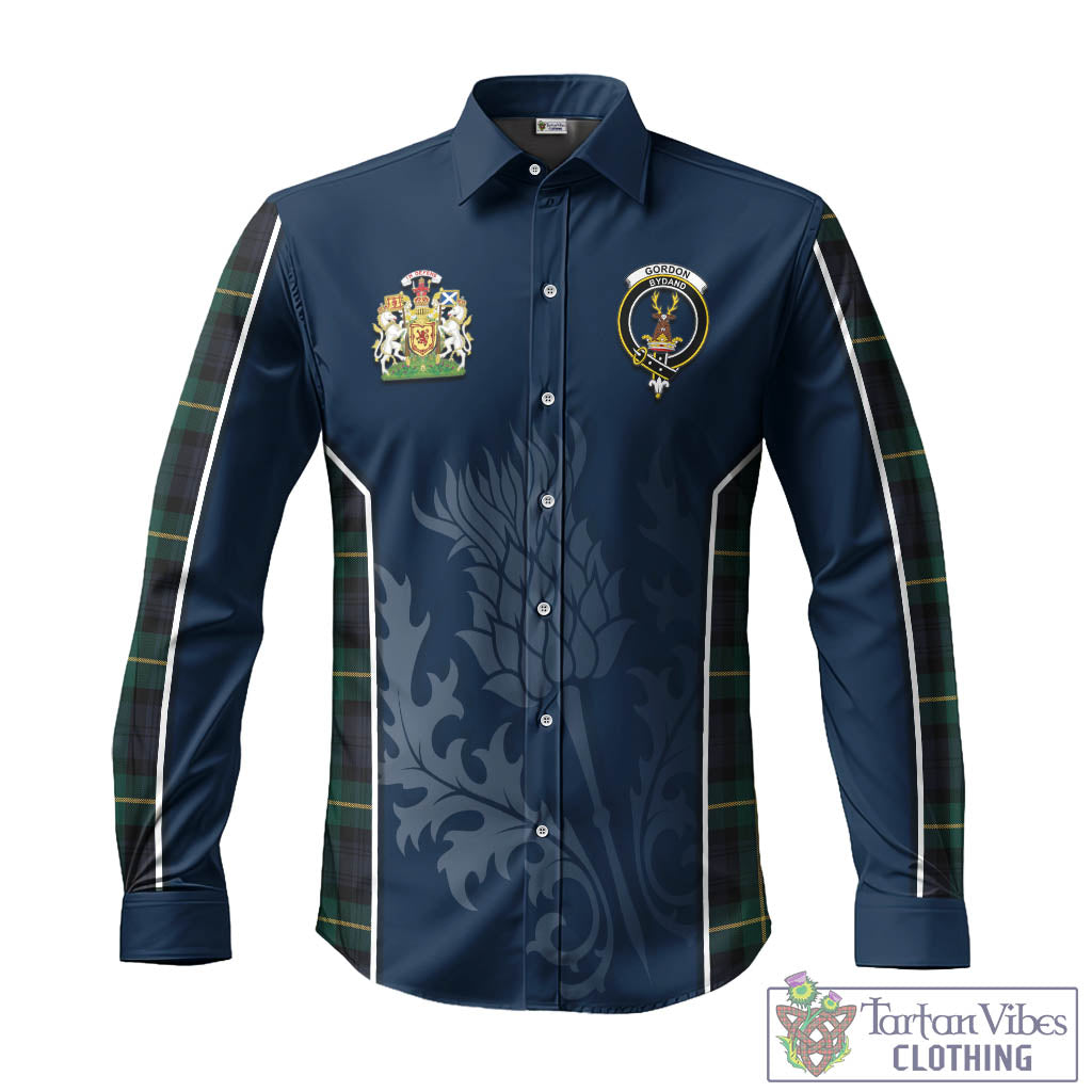 Tartan Vibes Clothing Gordon Old Tartan Long Sleeve Button Up Shirt with Family Crest and Scottish Thistle Vibes Sport Style